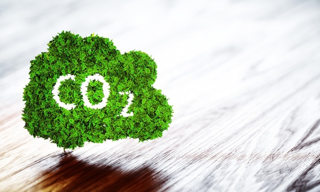 Green ecology CO2 icon on wooden background. 3d illustration.