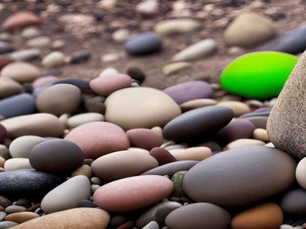 A green egg sits on a pile of rocks.