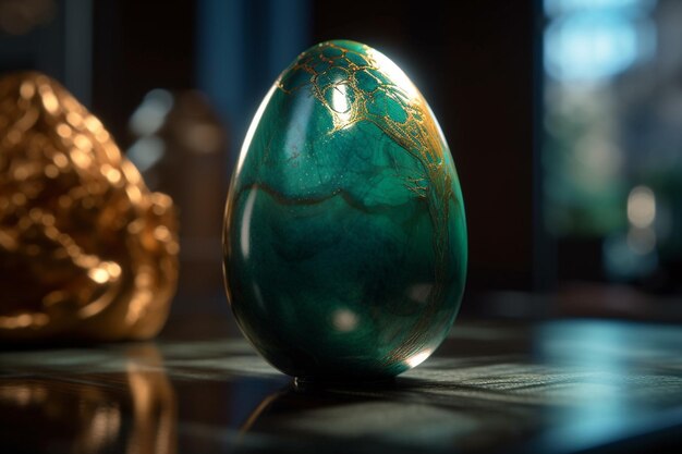 A green egg sits on a table with a gold statue in the background.