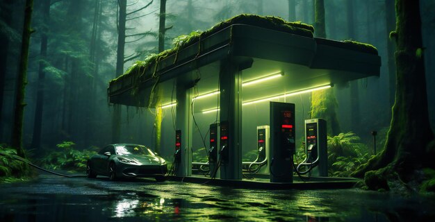 a green electric charging station in a forest