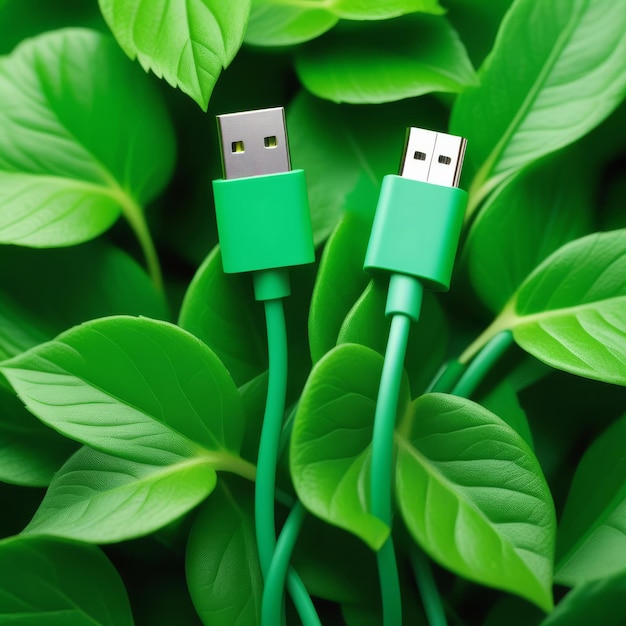 Photo green electric power cables and adapter with fresh leaves top view ecological friendly