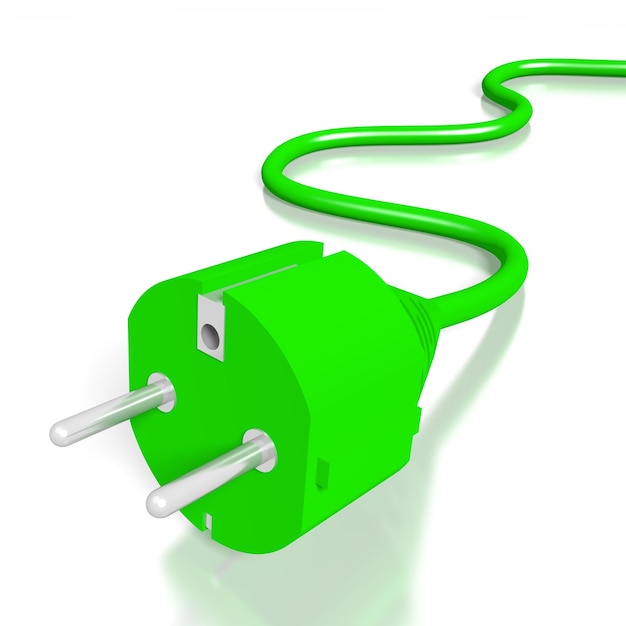 green electricity plug with cable isolated on white background 3d illustration