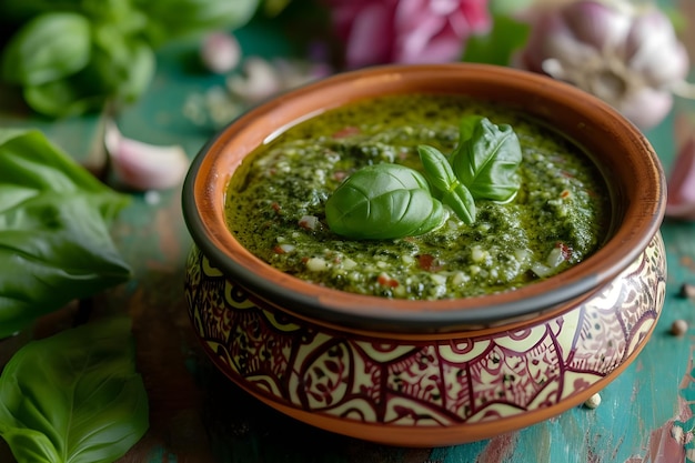 Photo green elegance pesto sauce in folk pattern background