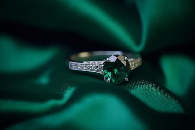 Photo green emerald fashion engagement diamond ring on green satin background