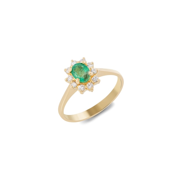 Green emerald ring with diamonds on a white background