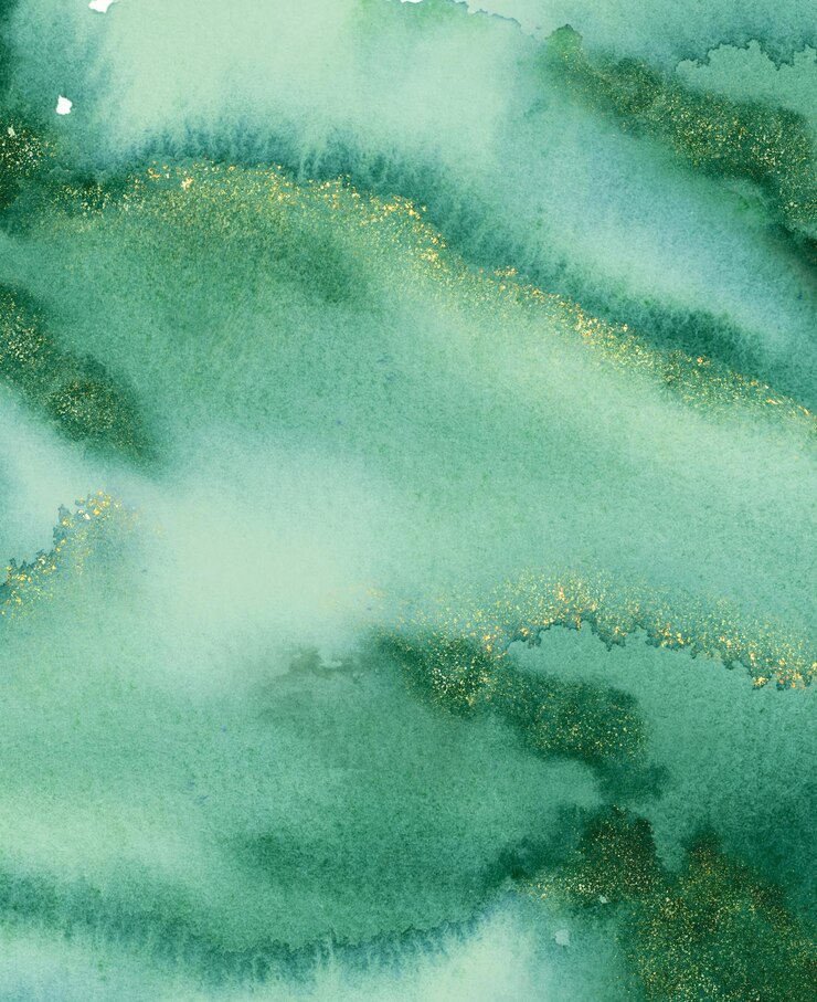 Green emerald watercolor stains texture background with gold glitter