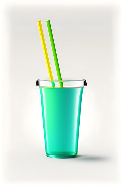 Зелёное пустое одноразовое пластиковое стакан с красочными соломинками, изолированными на белом фоне