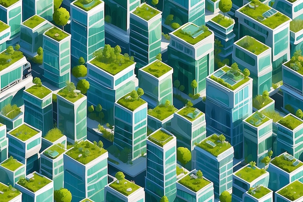 写真 緑のエネルギーとエコフレンドリーな都市 現代建築 建物 ハイテクタウンハウス 車 緑の屋根 摩天楼 フラットベクトルイラスト 3dスタイル