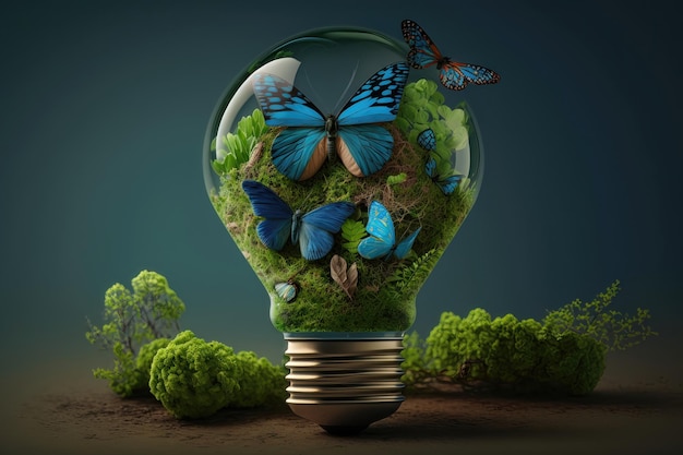 グリーン エネルギー バナーのコンセプト AI が生成した青い蝶と緑の植物から作られた電球