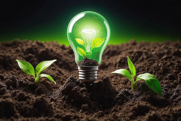 Green energy and a bright future Light bulb in soil concept of green energy generative AI