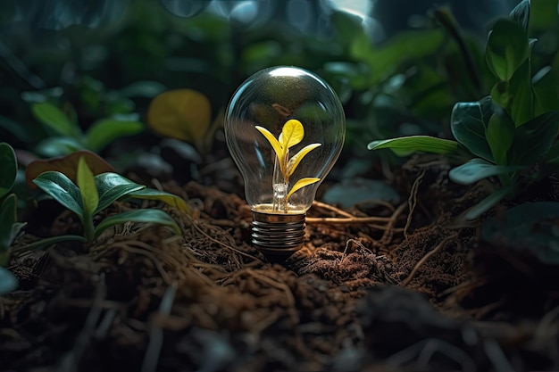 Зеленая энергия и светлое будущее, новые идеи для устойчивых решений, лампочка в почве, фантастический реализм кинематографического освещения, генеративная технология искусственного интеллекта