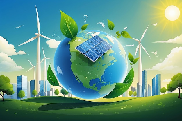 Green energy city concept in a sunny day with wind turbine solar panel and recycle symbol Eps file available