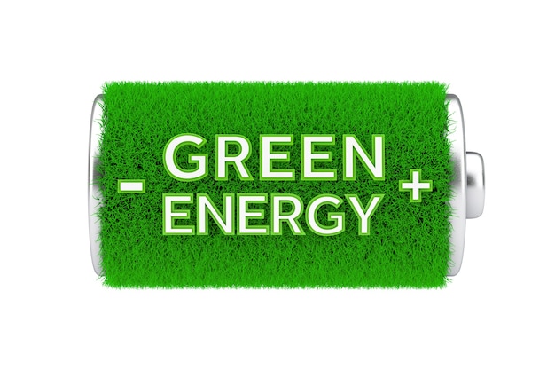 Photo green energy concept. fully charget green grass battery with green energy sign on a white background. 3d rendering