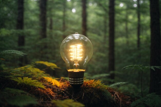 Green energy concept Light bulb in the forest Eco energy concept