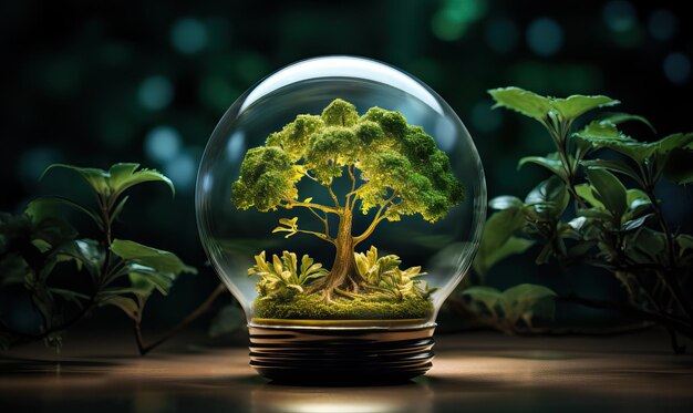 Концепция зеленой энергии лампочка с растущим деревом внутри Селективная мягкая фокусировка
