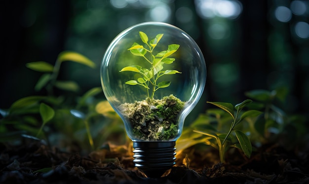 Photo green energy concept light bulb with plants growing inside selective soft focus