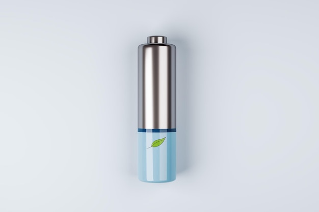 Green energy concept with front view on green leaf printed on silver and blue battery on abstract light grey background 3d rendering