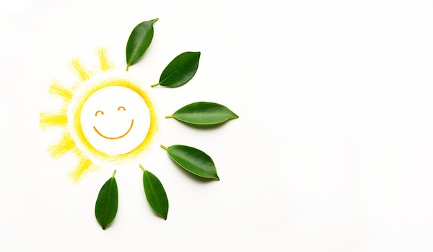 グリーン エネルギーの概念 明るく輝く太陽として緑の葉を持つ笑顔の太陽 カーボン ニュートラルと排出量 クリーン エネルギーのための ESG 持続可能な資源 再生可能および環境への配慮
