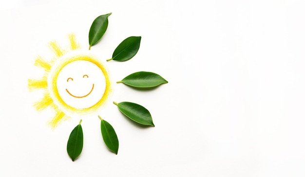 Concetti di energia verde sole sorridente con foglia verde come sole splendente carbon neutral ed emissioni esg per l'energia pulita risorse sostenibili rinnovabili e tutela dell'ambiente