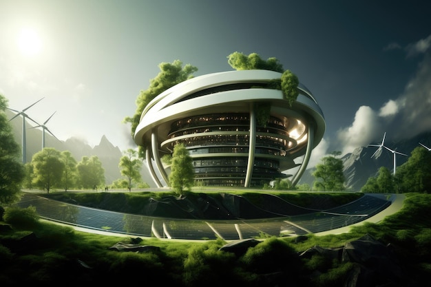 緑の丘の緑の家と風力タービン 緑のエネルギーを生み出す再生可能エネルギーの背景