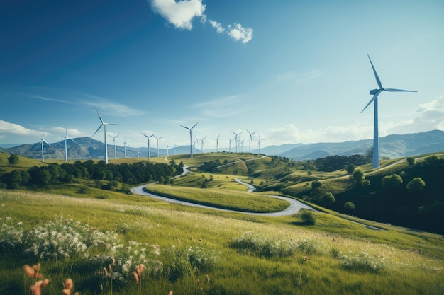 Green Energy house and wind turbines on a green hill renewable energy background with green energy Generative AI