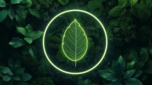 green energy logo in circle illuminates on green leaves background