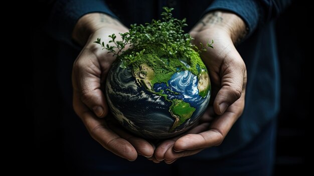 Green energy planet sphere in hands Eco friendly human sustainability