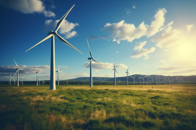Green energy plant Windmills Sun shine Windmills Ecology AI generation
