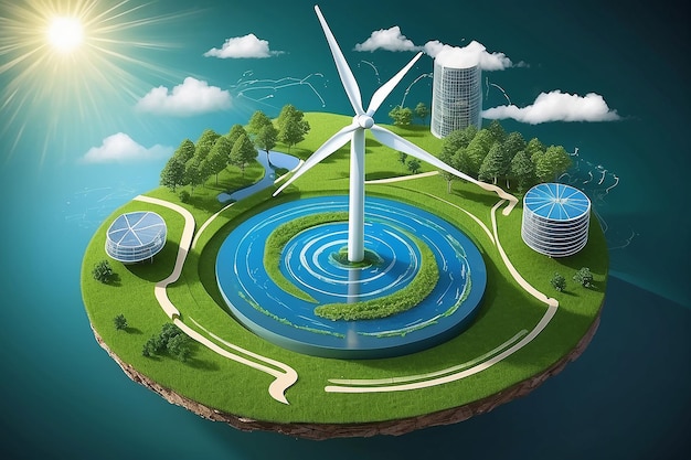 Фото Производство зеленой энергии это будущая ветряная мельница и графическая диаграмма воздушных течений, которые производят зеленую энергию