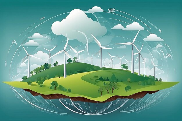 Производство зеленой энергии это будущая ветряная мельница и графическая диаграмма воздушных течений, которые производят зеленую энергию