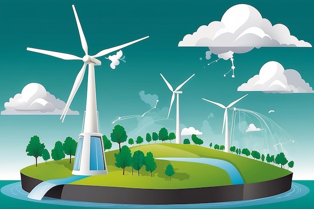 Производство зеленой энергии это будущая ветряная мельница и графическая диаграмма воздушных течений, которые производят зеленую энергию