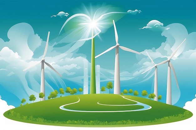 Green energy power production it is future Windmill and graphic diagram of air currents that produce green energy