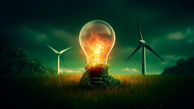 Green Energy Revolution Light Bulb Symbolizing Renewable Sources and Sustainable wind energy Generative AI illustrator