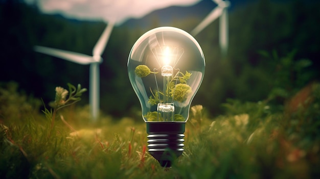 Foto lampadina green energy revolution che simboleggia le fonti rinnovabili e l'energia eolica sostenibile illustratore ai generativo
