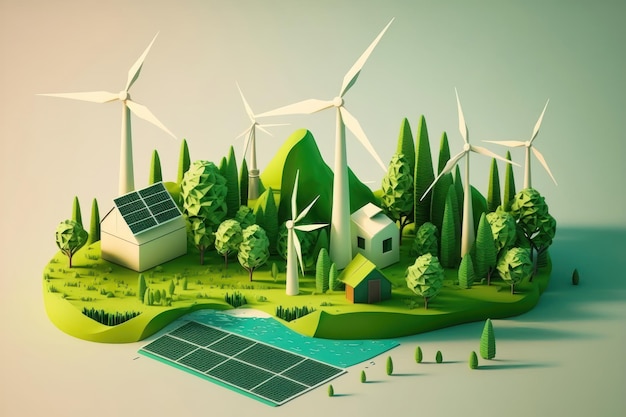 Green energy sustainable industry with windmills and solar energy panels AI Generation