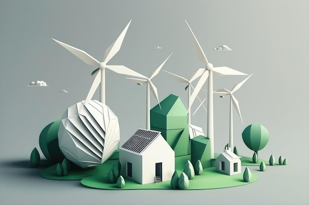 Устойчивая индустрия зеленой энергии с ветряными мельницами и солнечными панелями AI Generation