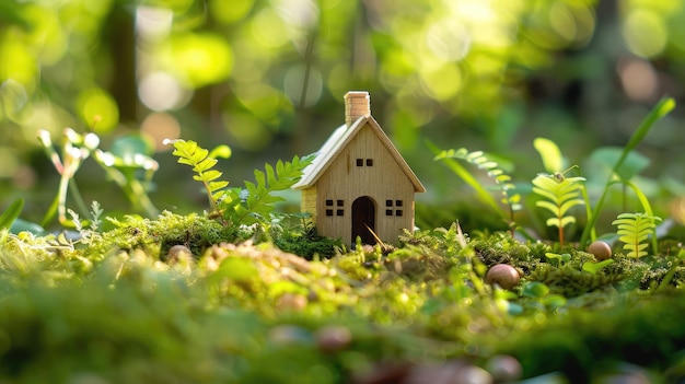 Green and environmentally friendly housing concept Miniature wooden house in spring grass moss and ferns on a sunny day Eco house