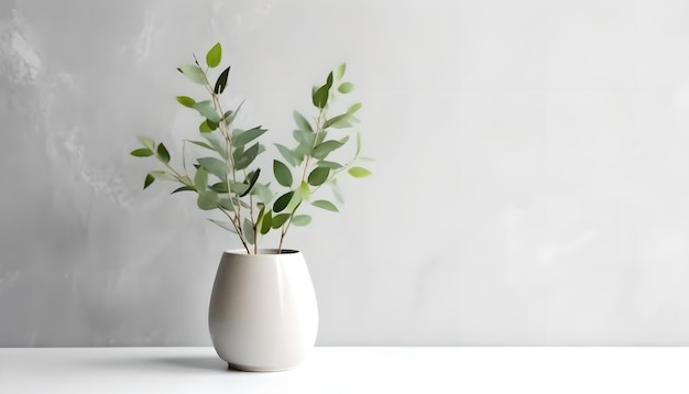 Green eucalyptus leaves in vase on white table Minimalist still life Light and shadow nature Place for text copy space empty space