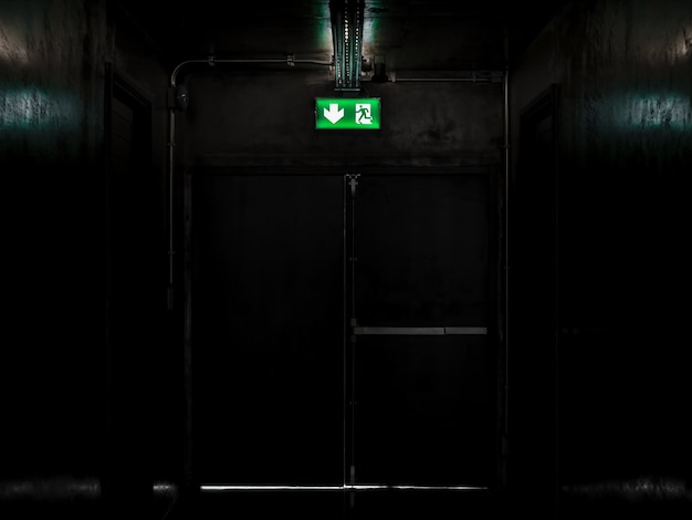 Green exit fire sign hanging on ceiling on dark mysterious\
corridor in building near fire exit door door room perspective in\
lonely quiet building with light on black and white style vertical\
style