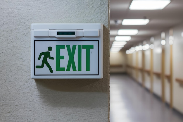 Foto green exit sign on light wall blurred corridor in background running figure symbol