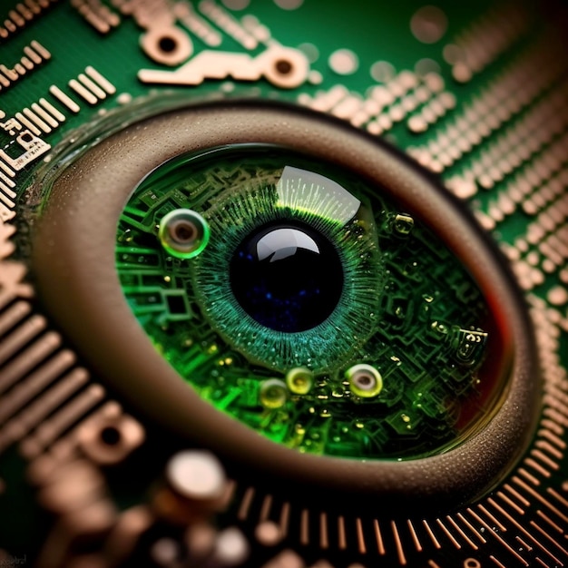 Green eye on circuit board with microchips closeup