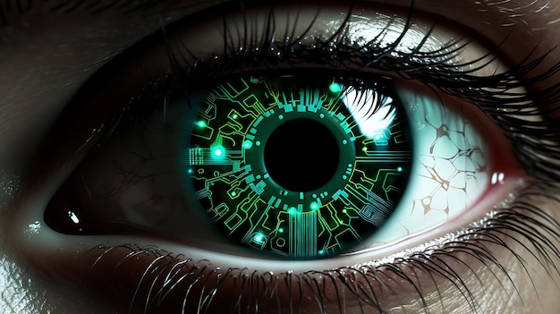 Foto sfondo del concetto di tecnologia futura del circuito informatico dell'occhio verde illustrazione ai generativa