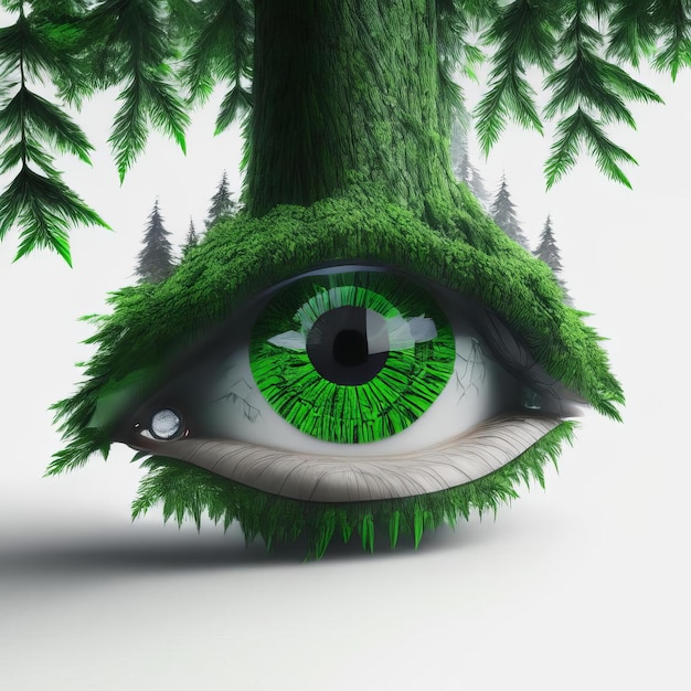 AIが生成した森から見える緑の目