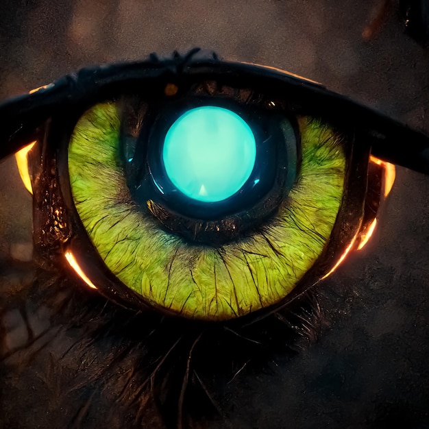 A green eye with a blue circle in the center.