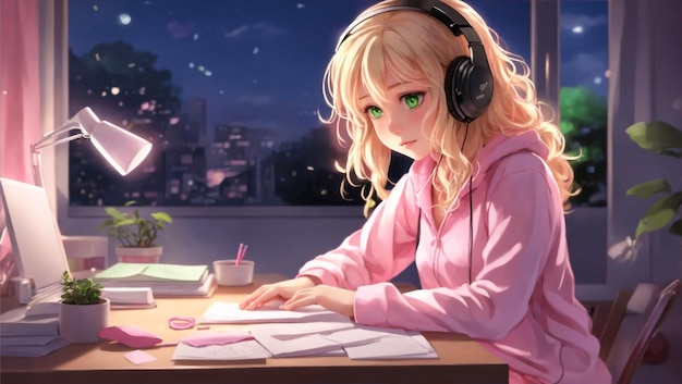 Green Eyes Anime Girl Studying Sitting Near the Window at Night