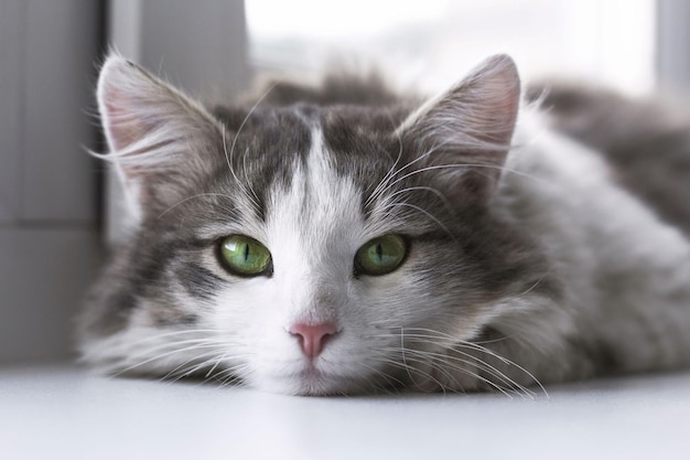 Green eyes Kitty lying on floor