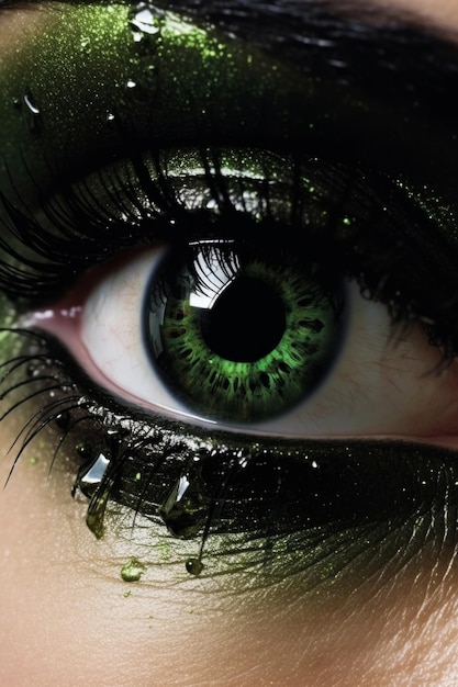 Green eyes with a tear on the left eye