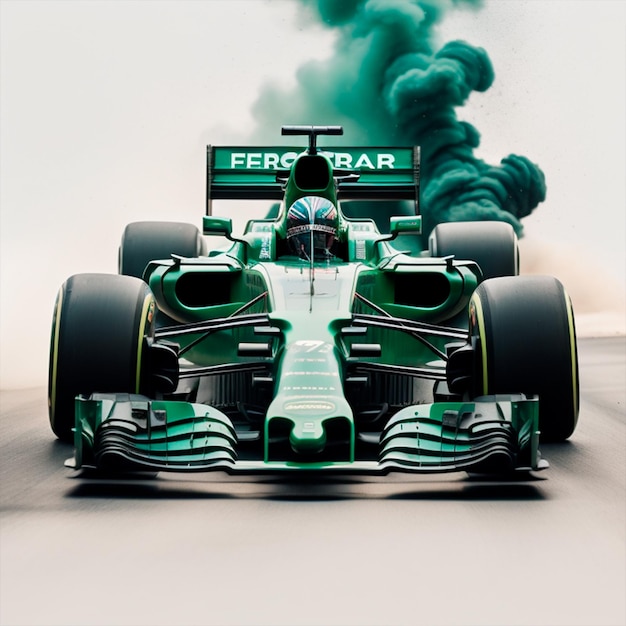 A Green F1 Car in a room with a White Background