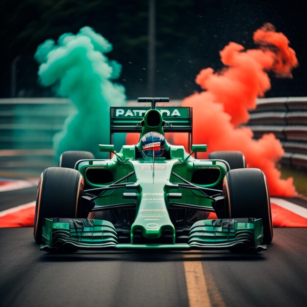 A green f1 car with green and red smokes on tyres