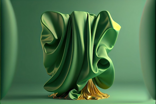 Зеленая ткань с золотыми листьями и зеленым фоном